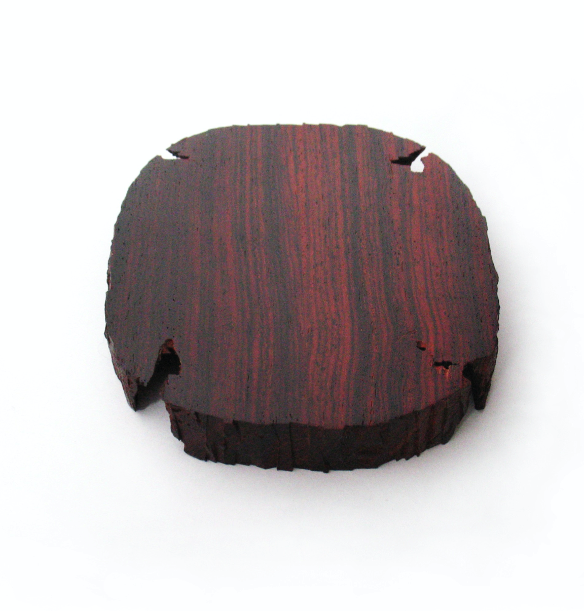 View of a brooch made of cocobolo, silver and stainless steel