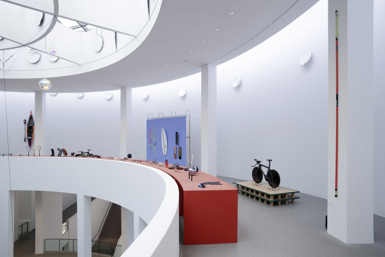 View of the second floor of the rotunda with various sports equipment for the sports disciplines of the Summer Games