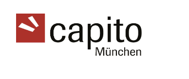 Das Logo von capito München hat ein rotes Quadrat mit zwei weißen Strichen. Daneben steht in schwarzer Schrift capito München.