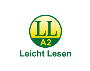 Das ist das Prüfsiegel für das Sprachlevel A2. Es ist ein gelber Kreis mit grünem Rand. Darin steht LL und unten drunter A2. Unter dem Kreis steht in Grün Leicht Lesen.