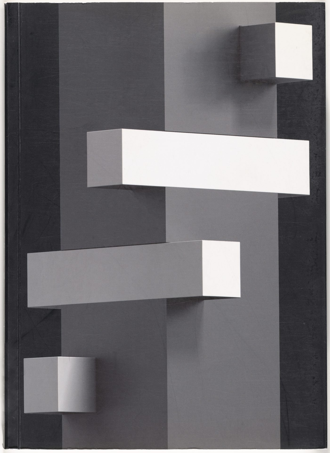 Cover exhibition catalog. A black and white image of rectangles can be seen. There are several white horizontal bars on a rectangular tower.