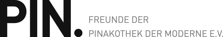 Das Logo von PIN. Die Großbuchstaben sind schwarz und groß. Rechts von dem Schriftzug steht Freunde der Pinakothek der Moderne e.V. in grauen Großbuchstaben.