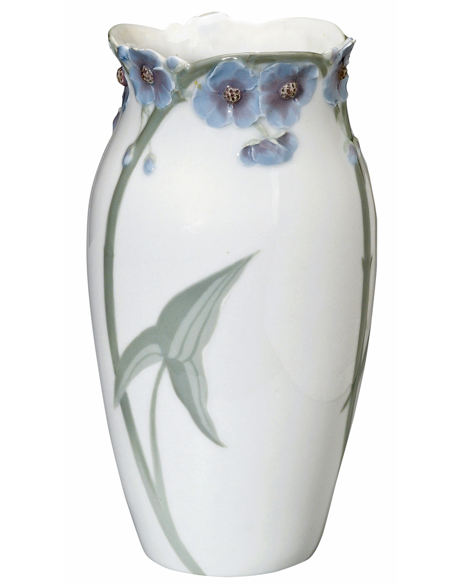 On display is a narrow porcelain vase with an outward-facing opening that initially becomes more bulbous towards the top. The vase is decorated with a floral motif on a white ground. Two branches in light sage green entwine from the base to the opening of the vase. The opening is decorated with small light blue flowers.