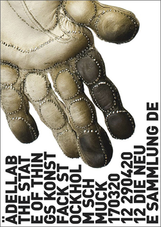 The exhibition poster can be seen. A brown leather glove with studs and sequins and the exhibition title in black capitals can be seen on a white background.