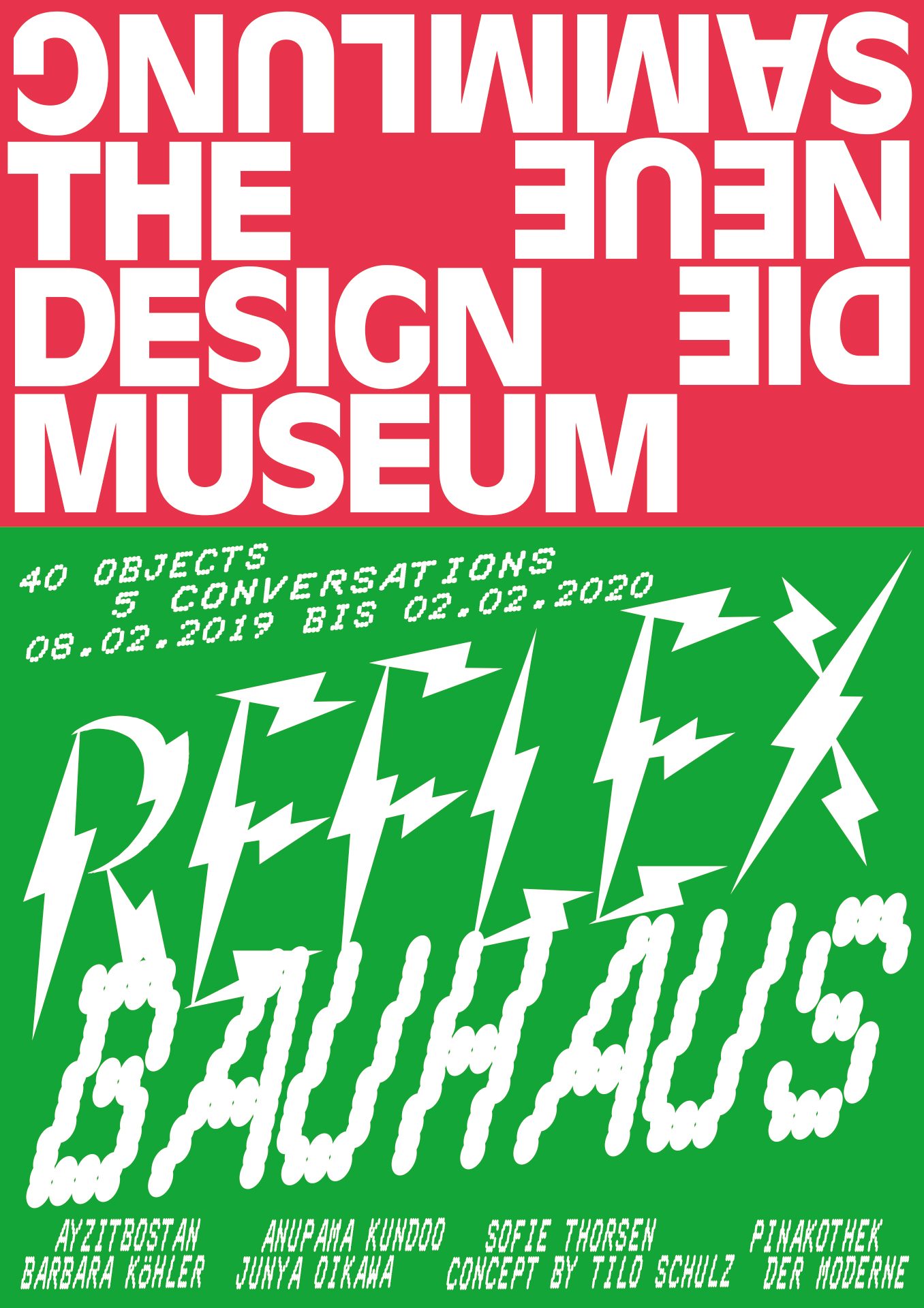 Exhibition poster. The red logo of Die Neue Sammlung at the top. Below the title, the duration and the names of the participating artists in white over a green background.