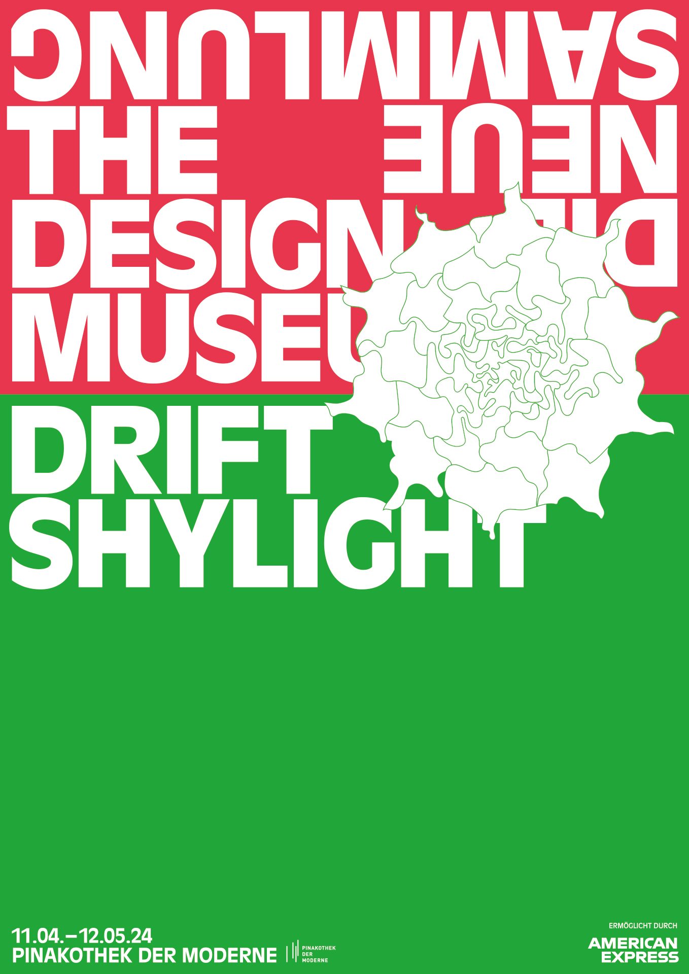 Ausstellungsplakat. Das rote Logo von Die Neue Sammlung am oberen Rand. Darunter der Titel und die Laufzeit der Ausstellung vor grünem Hintergrund. Beide werden von einer Grafik die eine Leuchte darstellt überlagert.