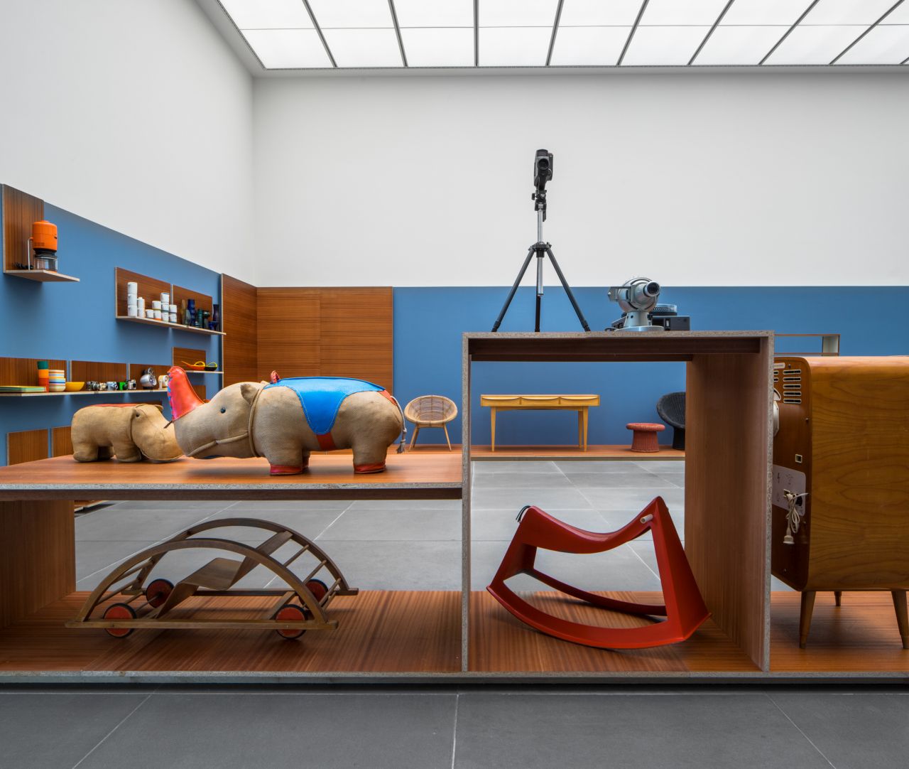 Shelf with toys, camera, slide projector and television