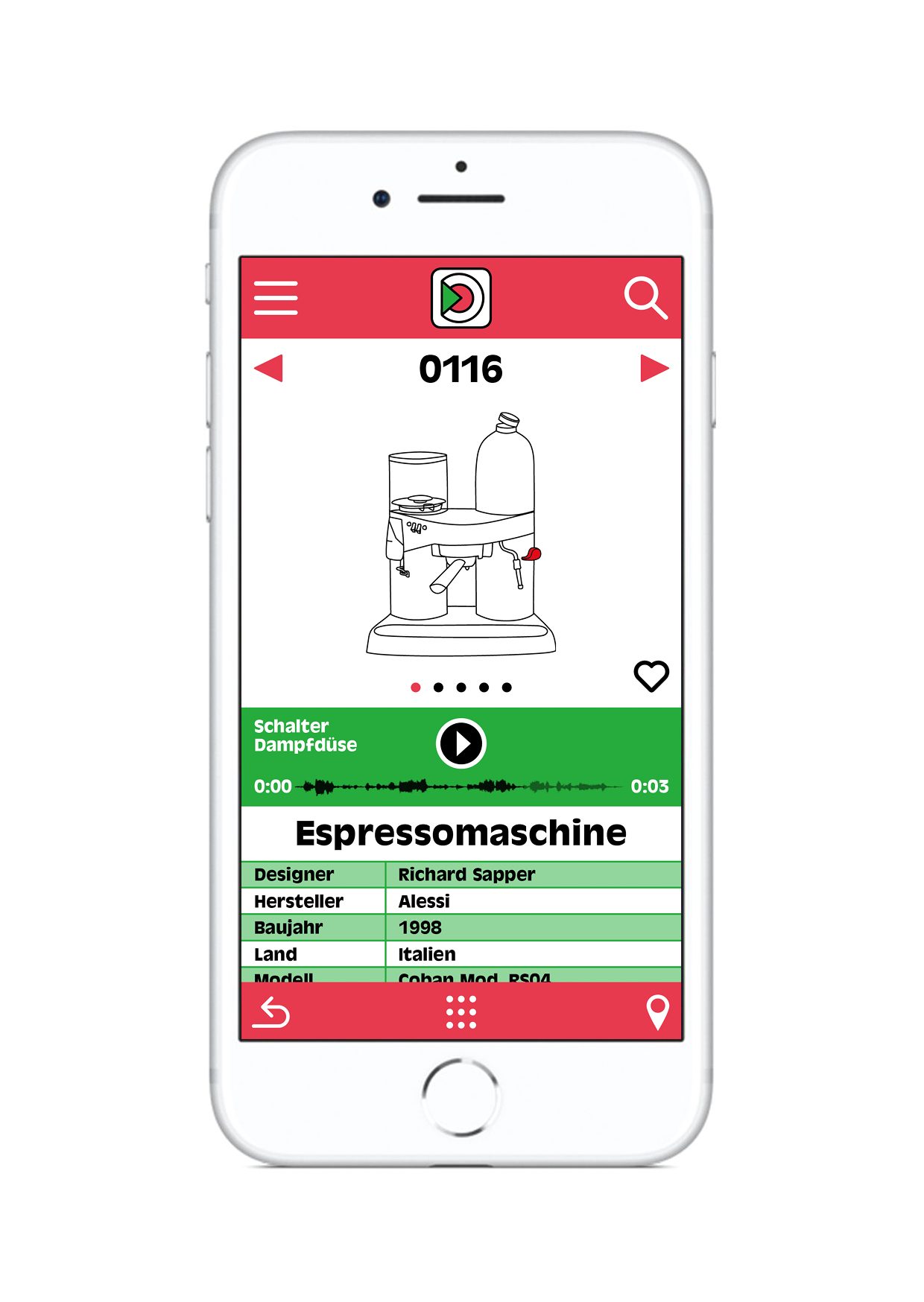 Photograph of a smartphone on a white background. The app is displayed on the screen in green and red. You can see the logo, a drawing of an espresso machine, a soundtrack and a table with information about the object.