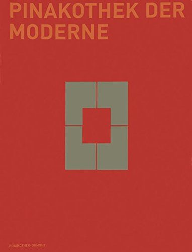 Auf backsteinfarbenem Untergrund 1. Logo der Pinakothek der Moderne: vier durch einen schmalen Steg getrennte L-Formen in Grau bilden ein Hochrechteck. Oben in hellerem Rot Beschriftung: Pinakothek der Moderne.