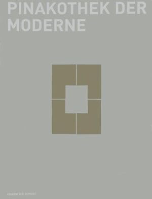 On a light grey background 1st logo of the Pinakothek der Moderne: four L-shapes in dark grey, separated by a narrow bar, form a vertical rectangle. Labelling at the top in lighter grey: Pinakothek der Moderne.