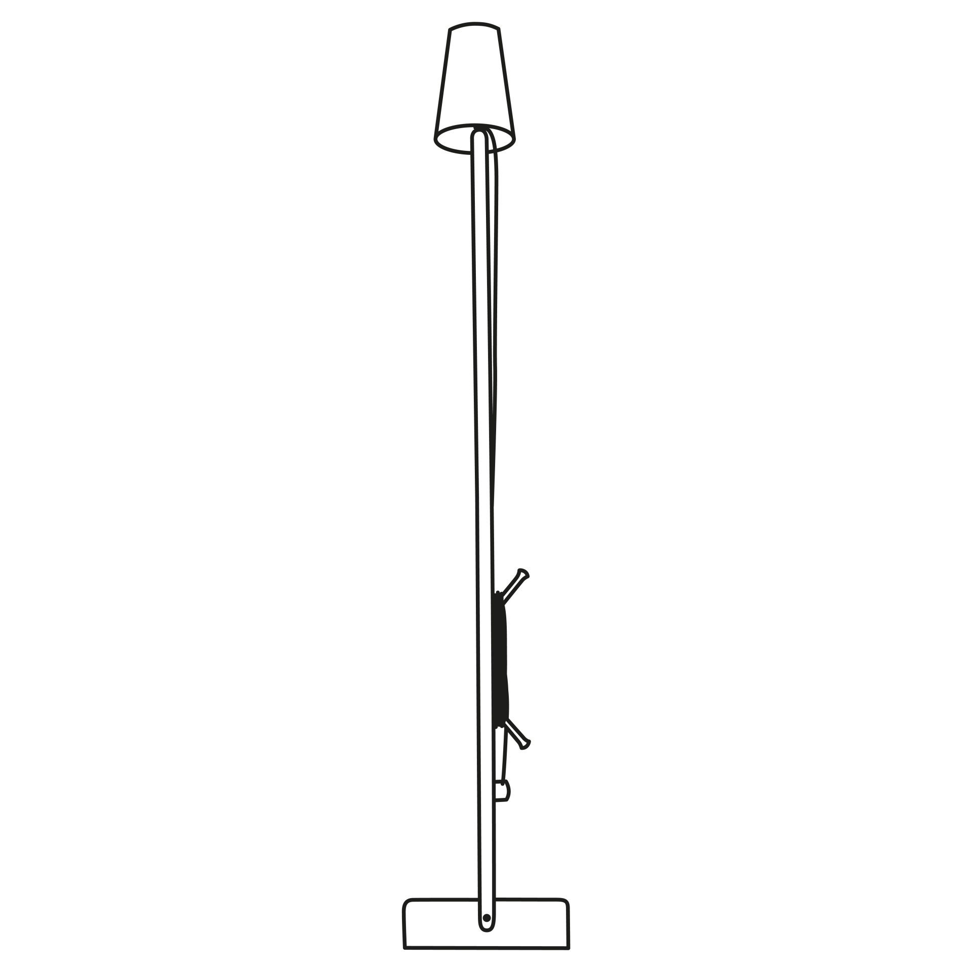 Schwarz-weiße Zeichnung der Stehlampe mit rechteckigem Fuß, schlankem Ständer und einem Lampenschirm. Ein Kabel verläuft entlang des Ständers und ist am Fuß befestigt.