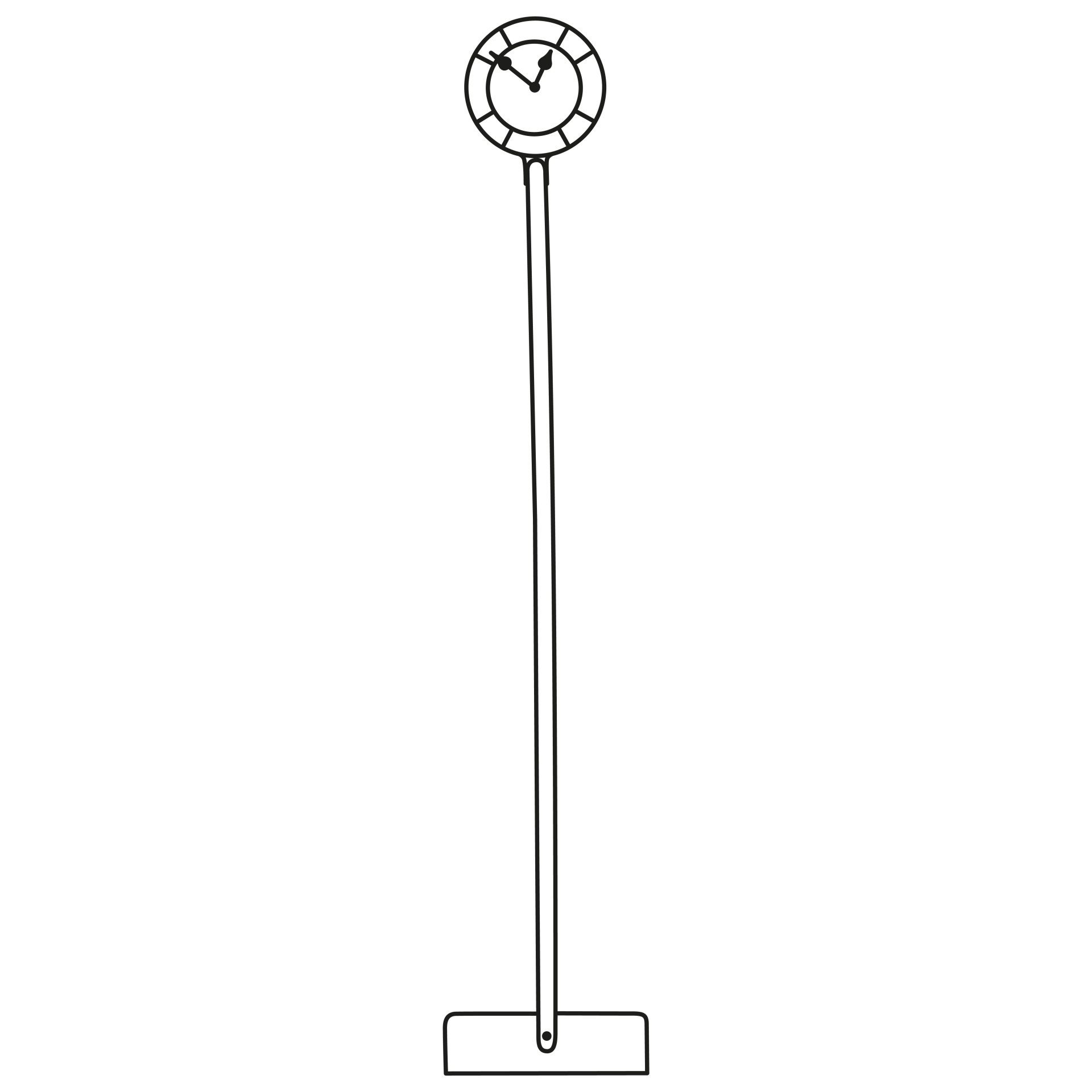 Strichzeichnung einer Uhr auf einer langen Stange, die am unteren Ende an einem rechteckigen Sockel befestigt ist. Die Uhr zeigt die Zeit circa 12:50 an.