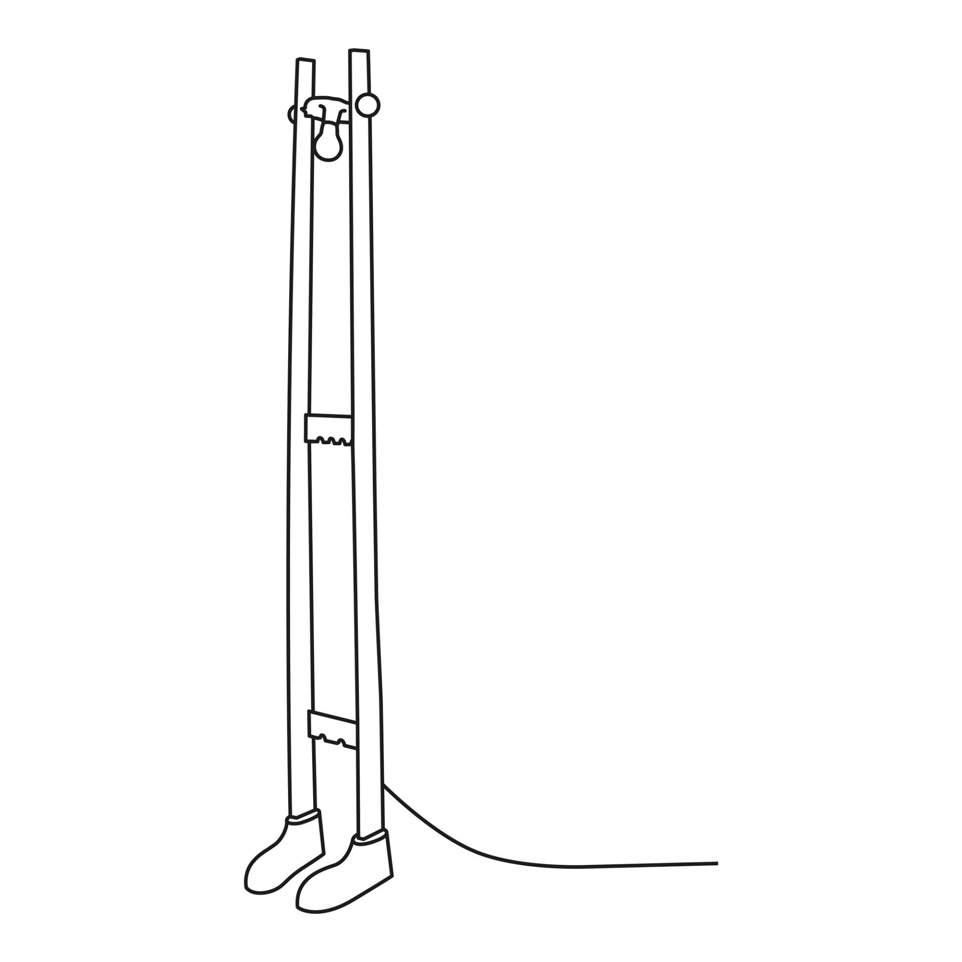 Skizze einer Stehlampe mit beinförmigen Ständern, schuhartigen Füßen und einer hängenden Glühbirne.