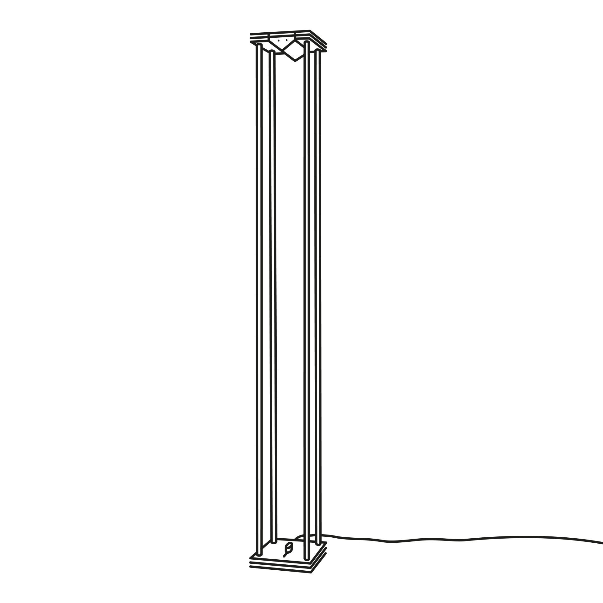 Schwarz-weiße Skizze einer minimalistischen Stehlampe mit zwei parallelen Streben, einer rechteckigen Basis und einem dreieckigen Lampenkopf an der Oberseite. Ein Kabel führt von der Basis weg.