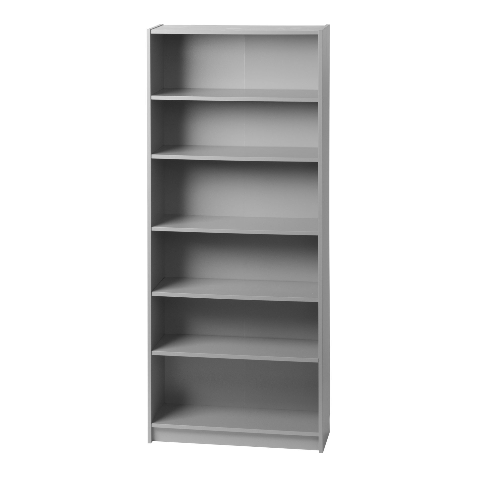 Schwarz-weiße Fotografie, sechsstufiges Bücherregal mit schlichtem Design.