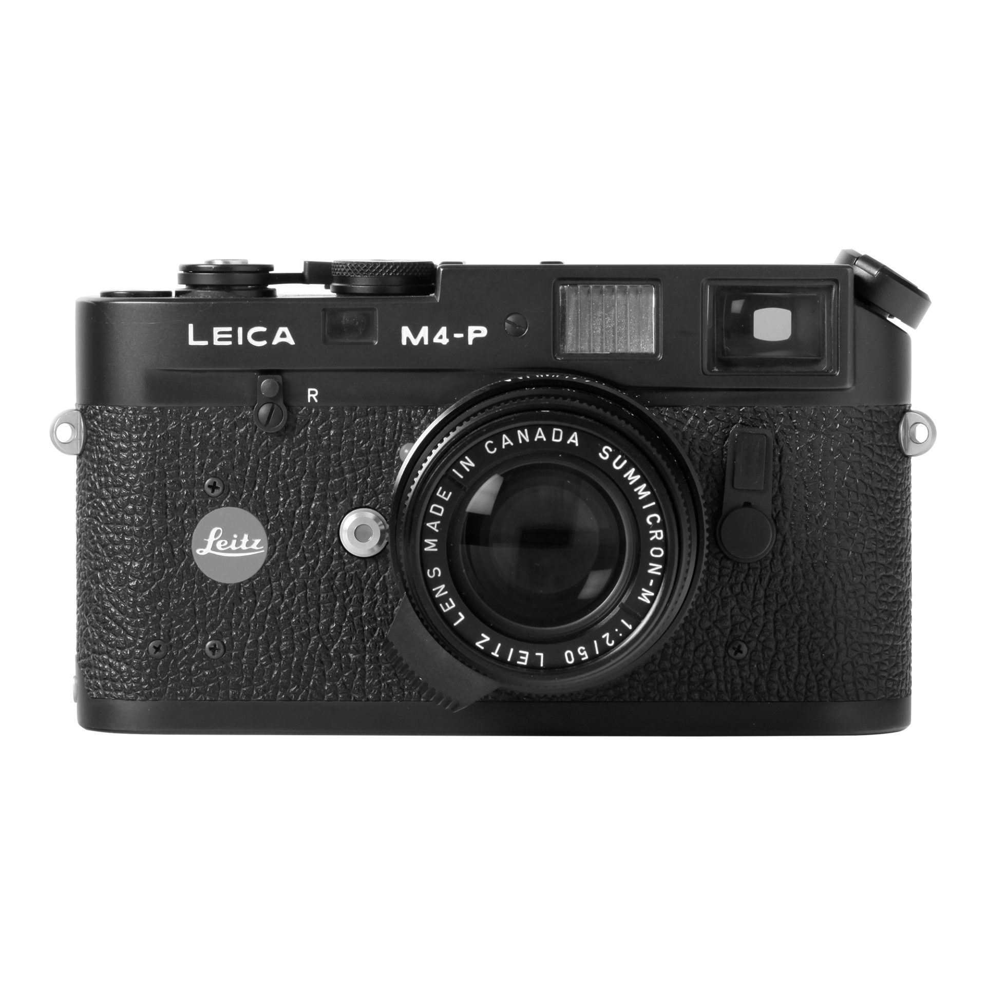Schwarze Leica M4-P Kamera mit strukturiertem Gehäuse, „Leitz“-Logo und Objektiv mit der Aufschrift „Lens Made in Canada Summicron 1:2/50“.