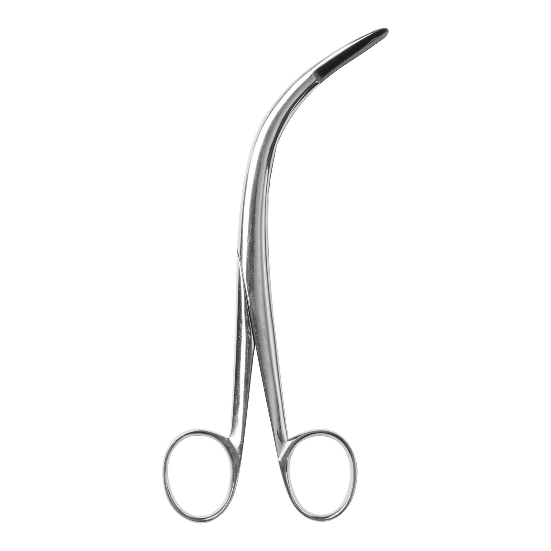 Geschlossene, gebogene chirurgische Schere aus Metall mit zwei Fingergriffen.