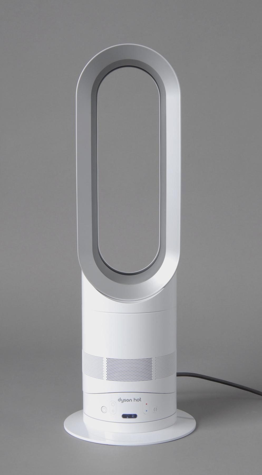 Fan with an oval, open frame and a cylindrical base. The base contains controls and a small digital display.