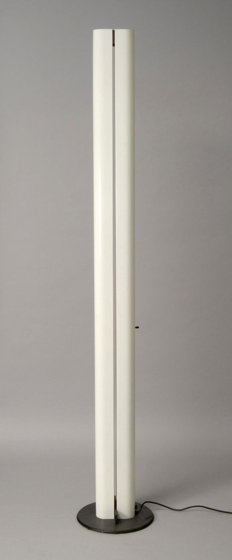 Slim white floor lamp with two vertical white light panels and a black round base.