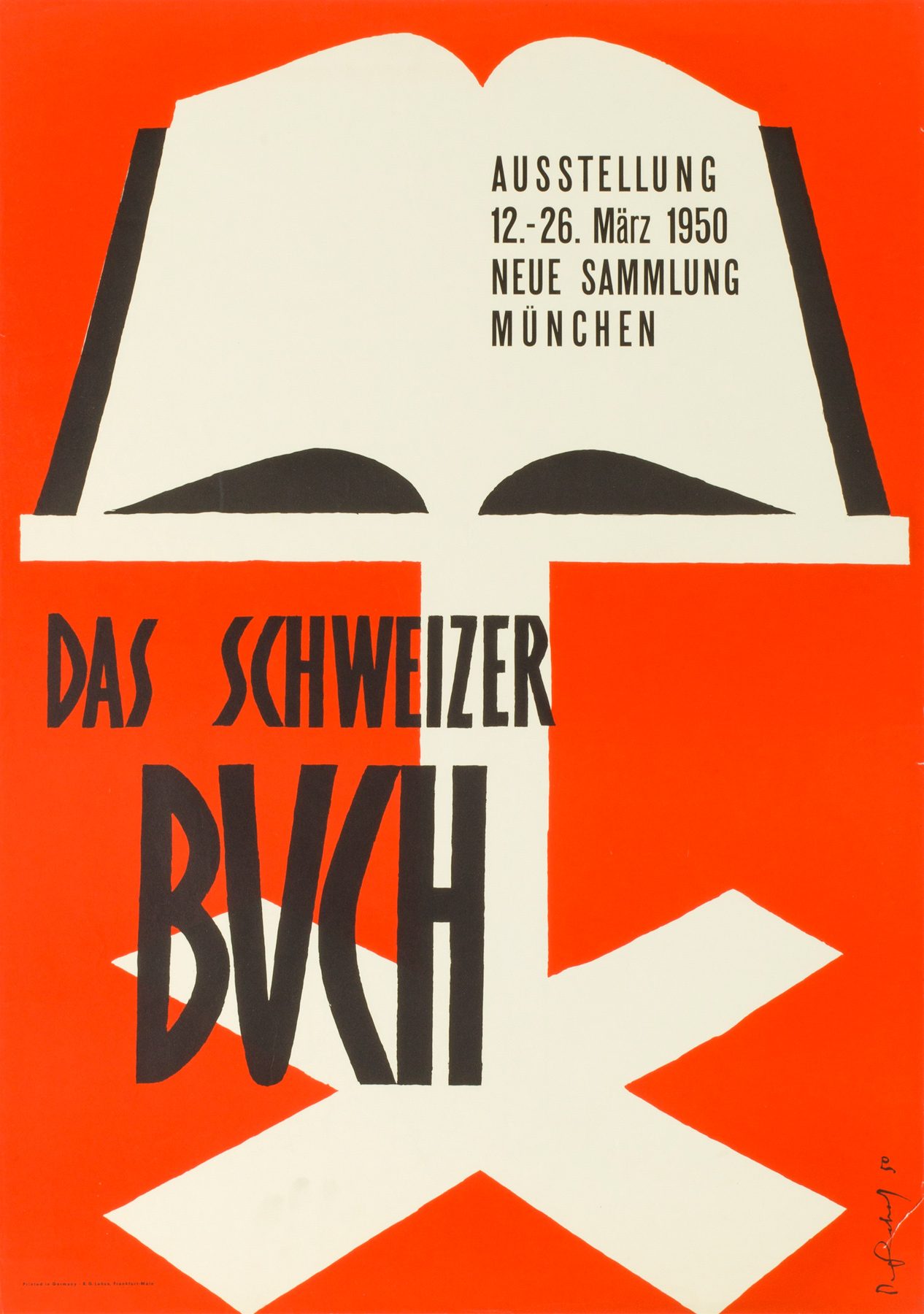 Poster with red background and illustration of an open book above a white cross. The title ‘The Swiss Book’ is written in large black letters, with the exhibition details at the top right.