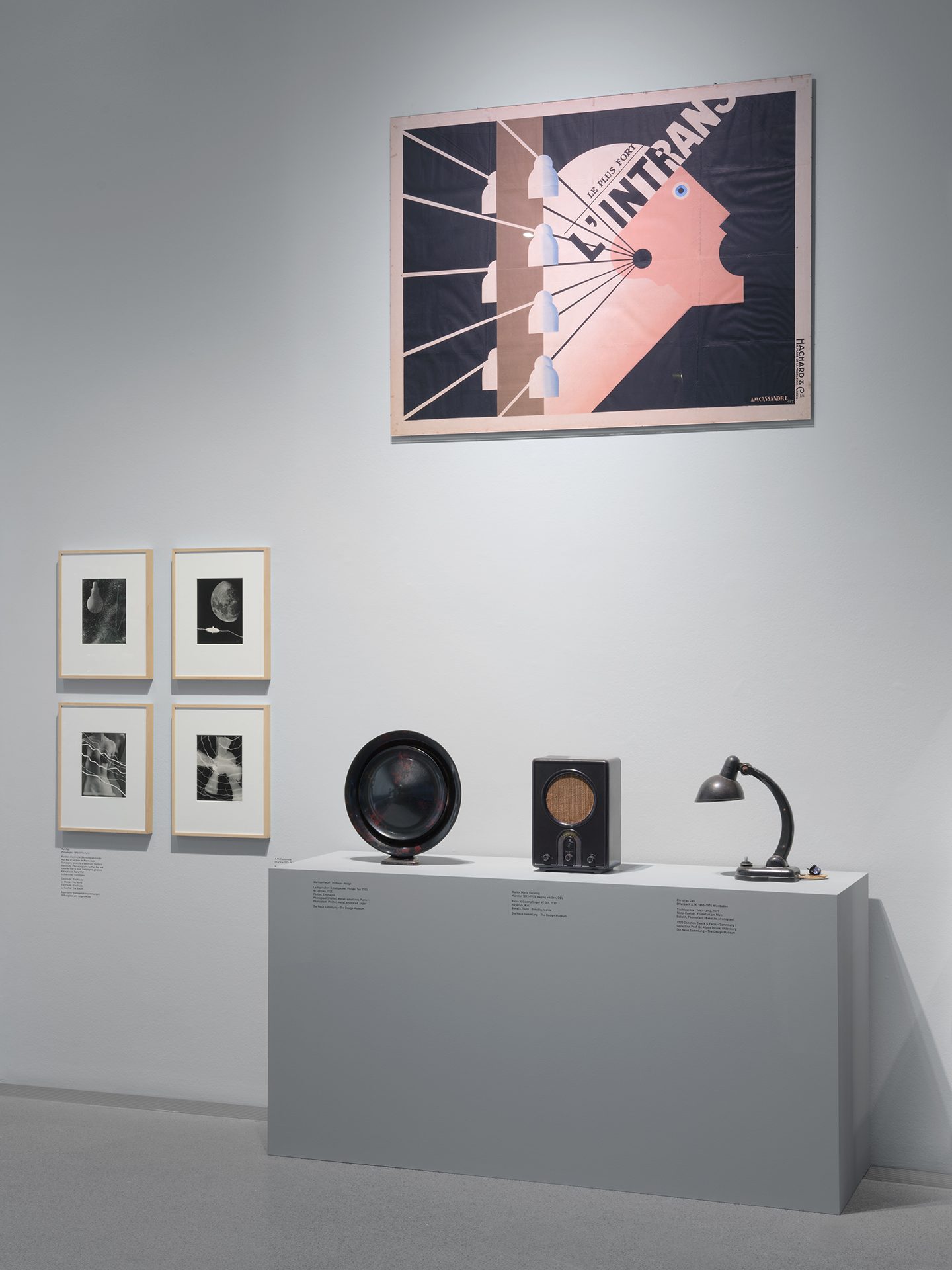You can see the exhibition installation "4 Museums – 1 Modernism." You can see objects, and graphics.