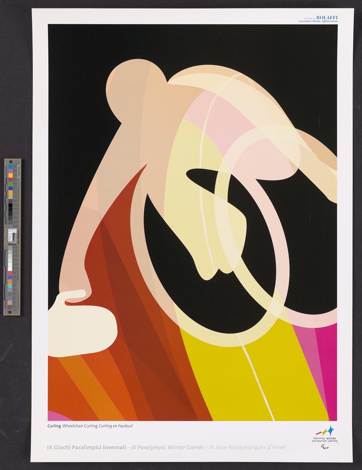 Plakat Paralympische Spiele. In den Farben Schwarz, Rot, Pink und Gelb ist abstrakt ein sich vorbeugender Rollstuhlfahrer erkennbar. Er hat eine runde Scheibe in der rechten Hand.