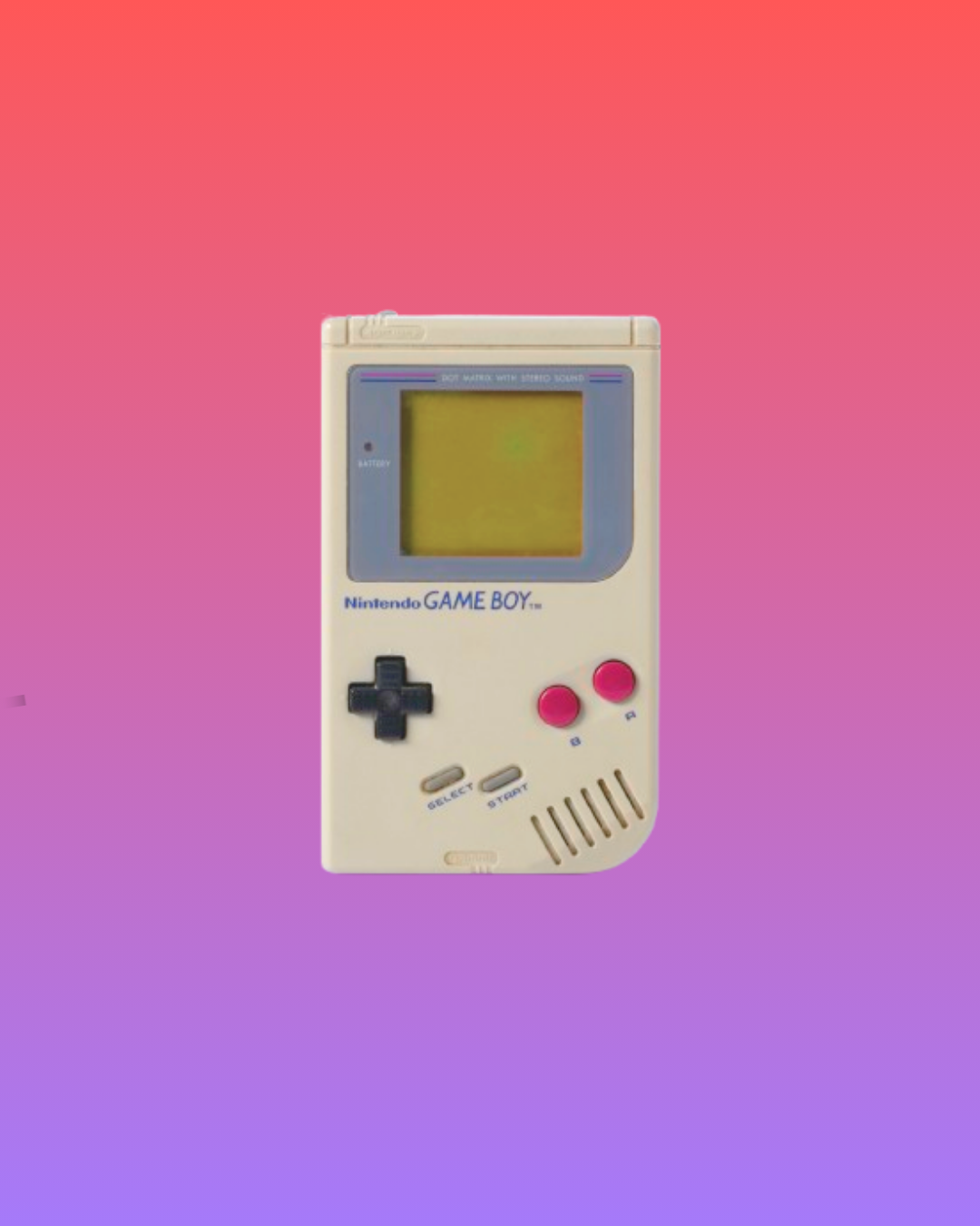 A grey Gameboy with a black cross and magenta buttons on a purple-pink gradient background.