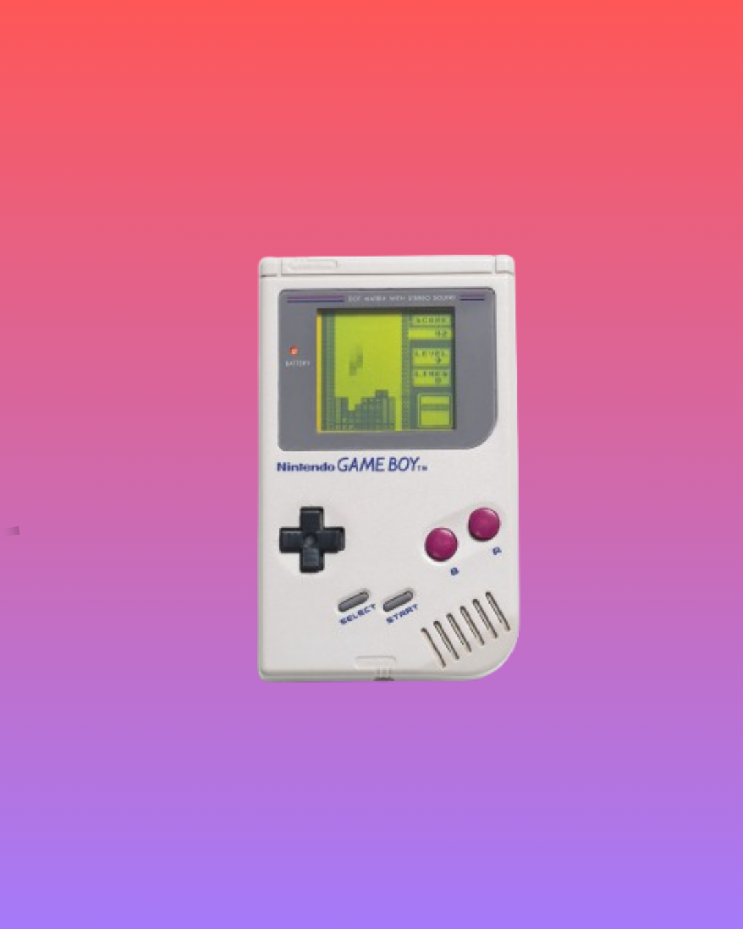 A grey Gameboy with a black cross and magenta buttons on a purple-pink gradient background. Tetris is displayed on the screen.