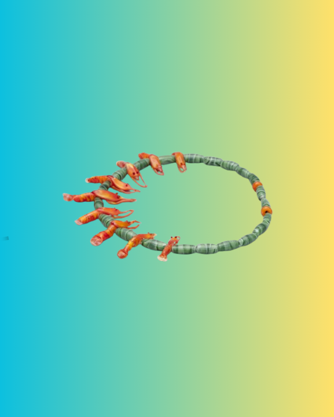 A necklace featuring blue stones and orange oblong stones at the wider end. The background features a blue-and-yellow colour gradient.