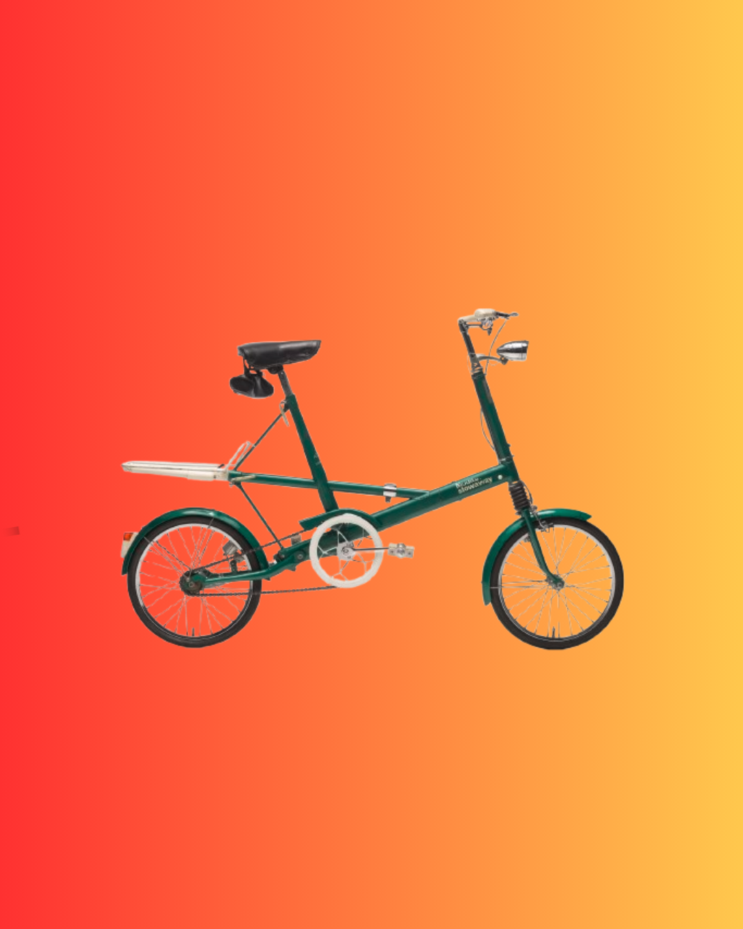 A green bicycle with a white luggage rack, a black saddle and small wheels on a red and yellow background.