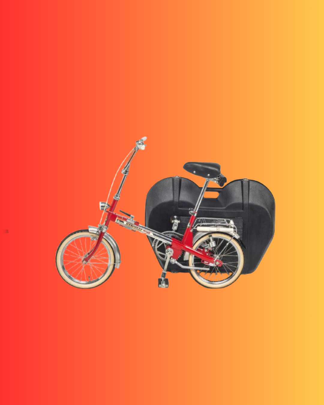 A red bicycle with small wheels and a black case on a red-yellow background.