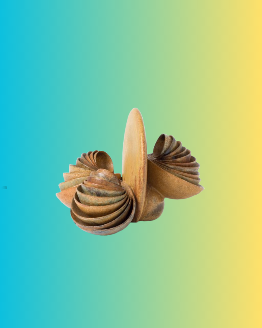 A shell-like ceramic piece in sandy-brown tones, featuring rounded shapes against a background with a blue-to-yellow gradient.