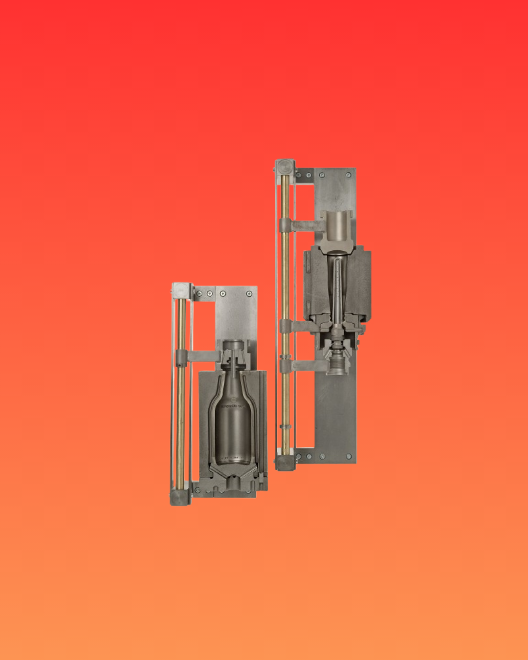 Elongated iron structure in two staggered rows on a red-orange background.