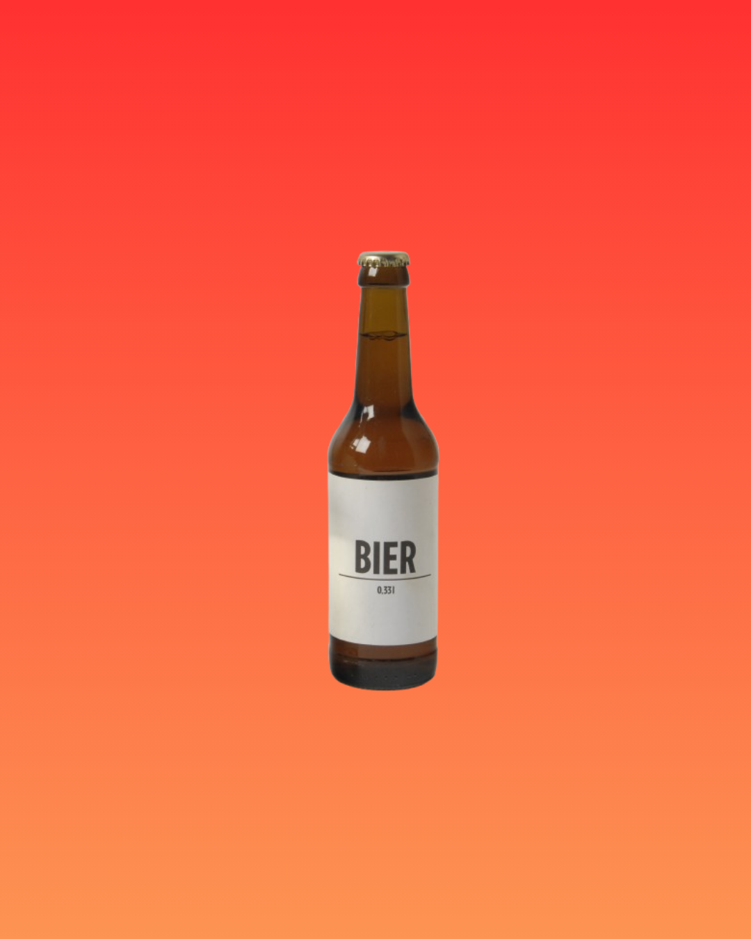Brown beer bottle with a white label on a red-orange background.