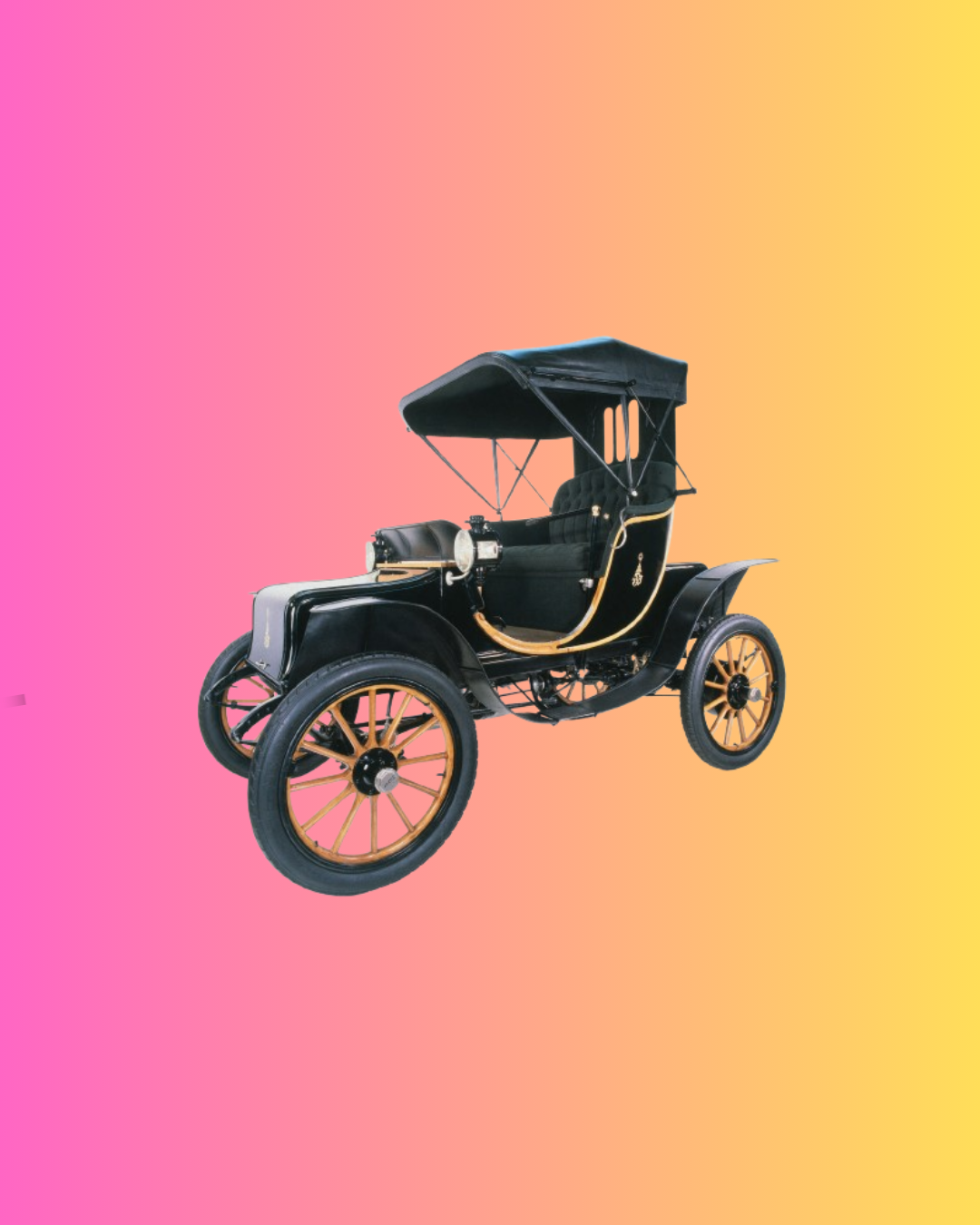 Old black car resembling a carriage on a pink-to-yellow gradient background.
