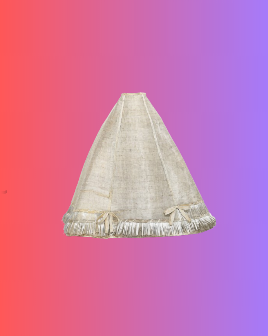 A shimmering white skirt on a purple-to-red gradient background.