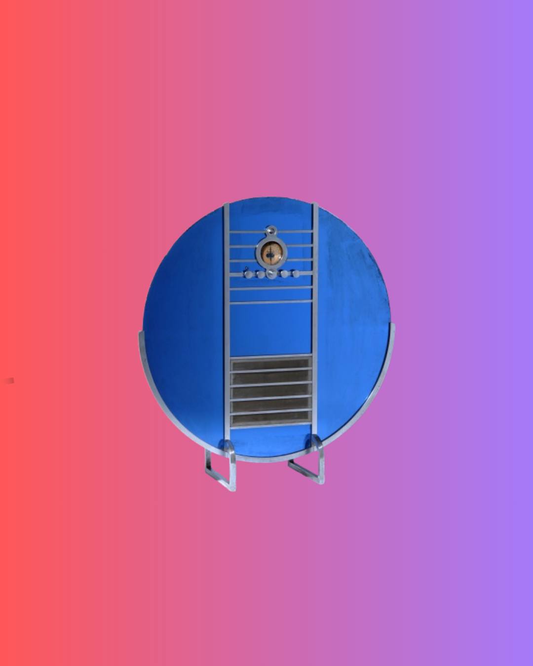 A blue disc with a black square at the bottom on a purple-to-red gradient background.