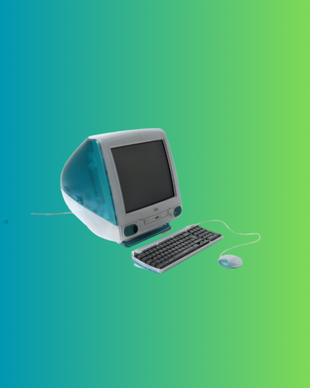Blue-grey computer with keyboard on a blue-green background.