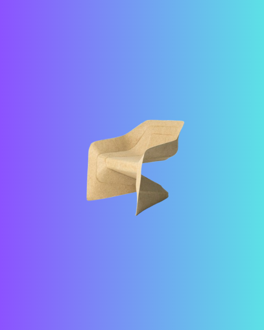 A beige armchair made of lightweight fabric against a blue gradient background.