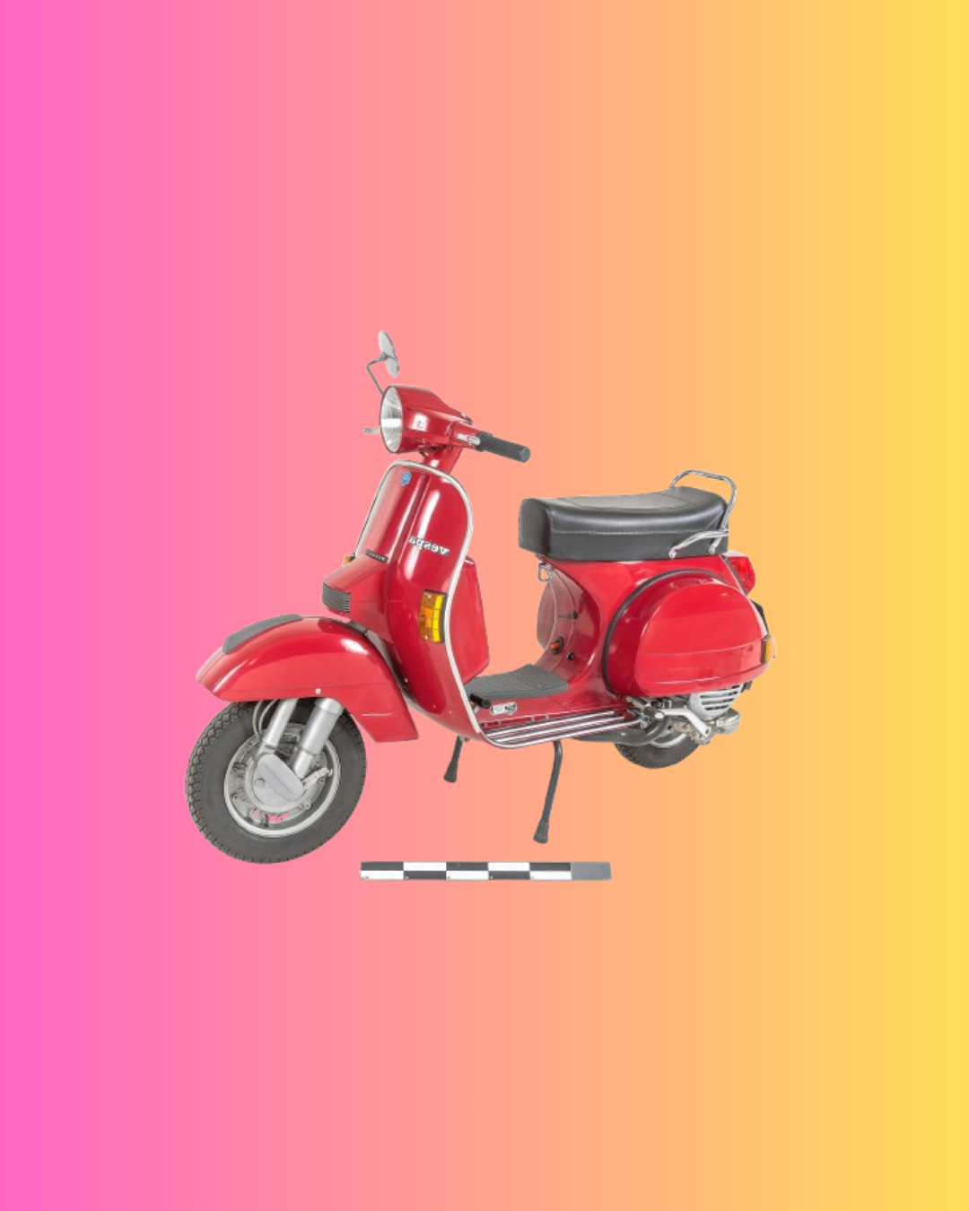 A red Vespa against a pink-to-orange gradient background.
