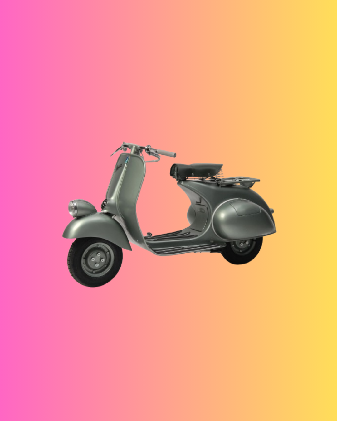 A green-grey Vespa against a pink-to-orange gradient background.