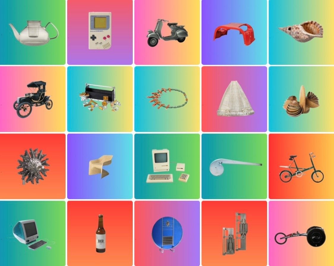 Collage verschiedener Objekte mit bunten Hintergründen.