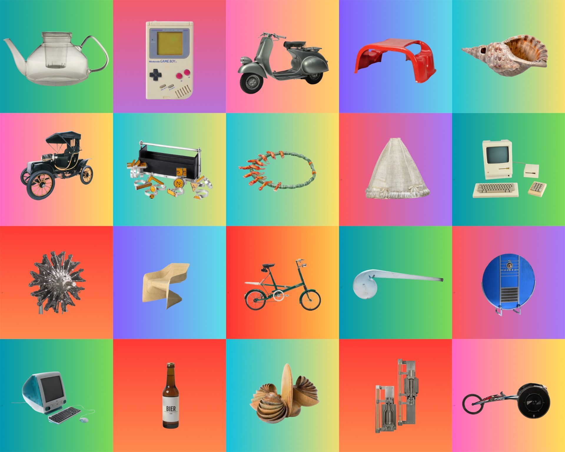 A collage of various objects against colourful backgrounds.