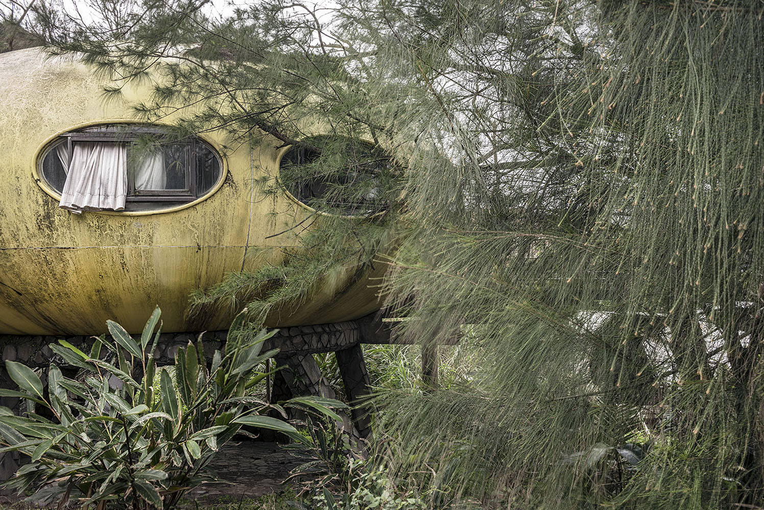 Heavily weathered exterior view of a replica of the Futuro plastic house with a concrete plinth and steps – partially obscured by trees and shrubs.